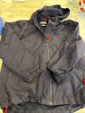 Lands' End Navy Hooded Windbreaker with Red Accents